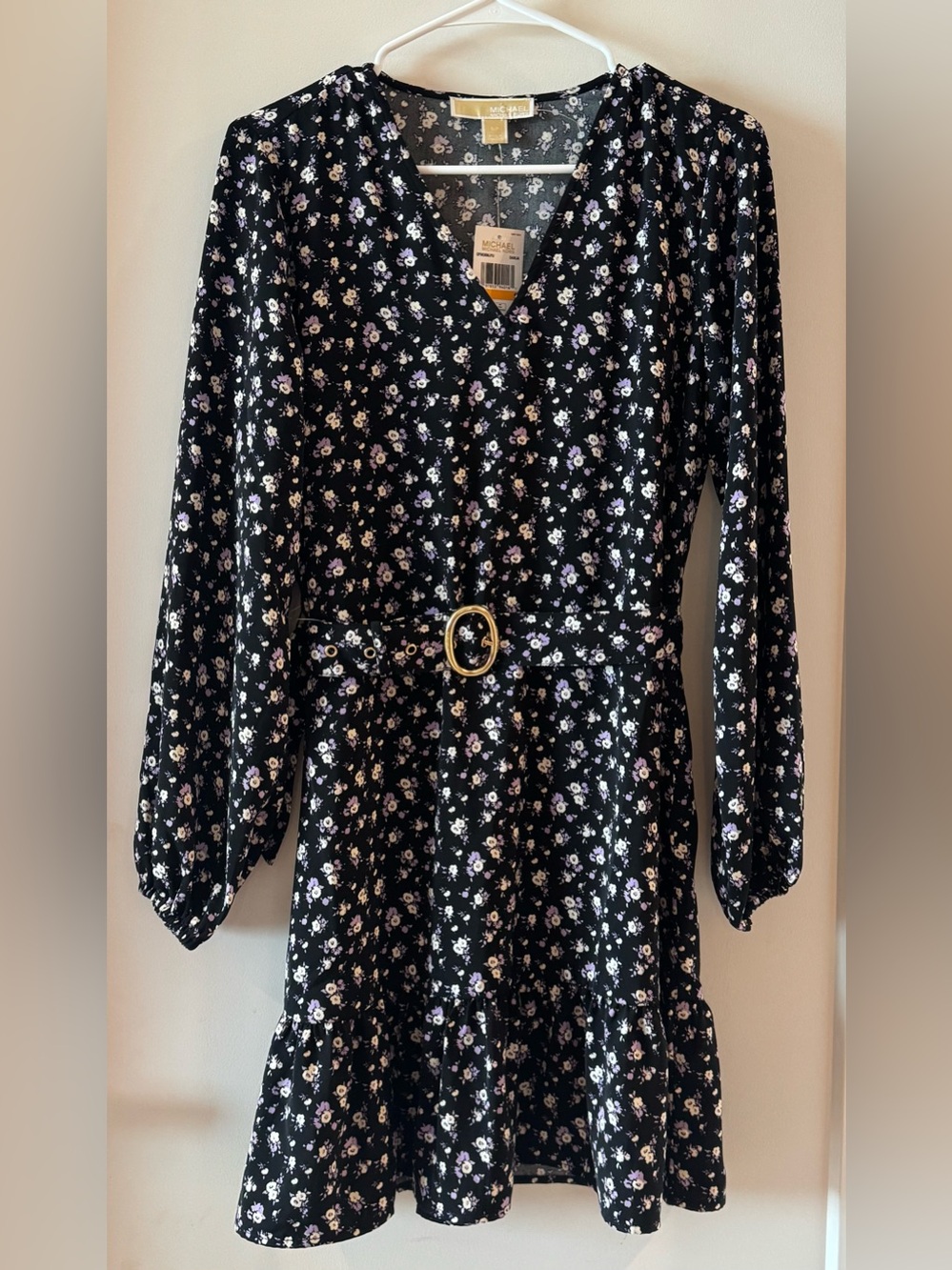 Michael Kors Black Floral V-Neck Midi Dress with Gold Buckle